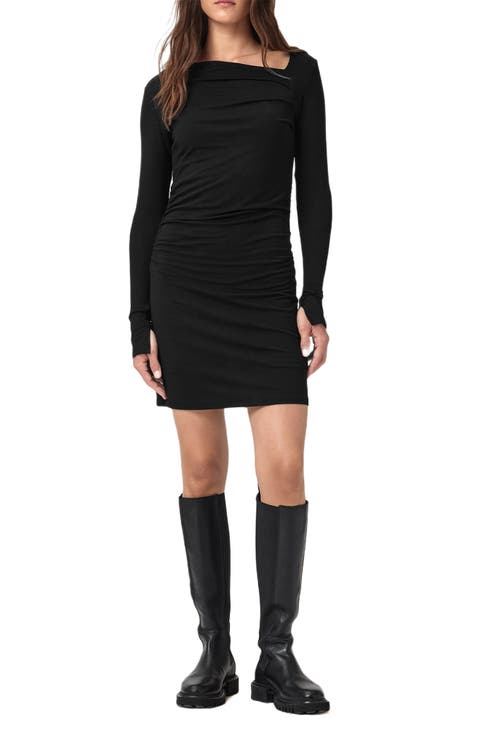 Seyma Asymmetric Square Neck Long Sleeve Knit Minidress