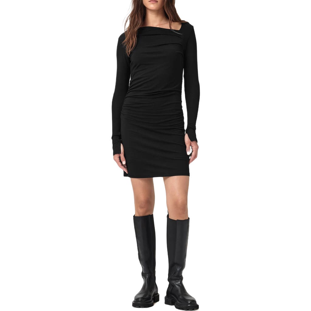 Allsaints Seyma Asymmetric Square Neck Long Sleeve Knit Minidress In Black
