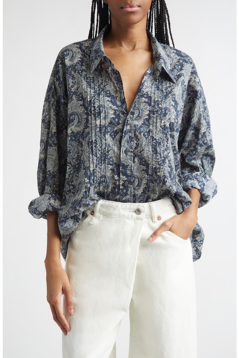 Drop Neck Pintuck Paisley Print Button-Up Shirt, Main, color, BLUE INDIGO PAISLEY