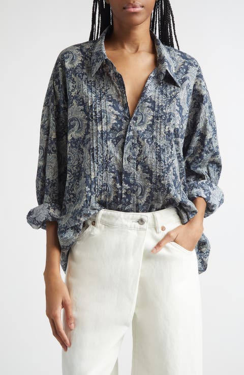 Drop Neck Pintuck Paisley Print Button-Up Shirt