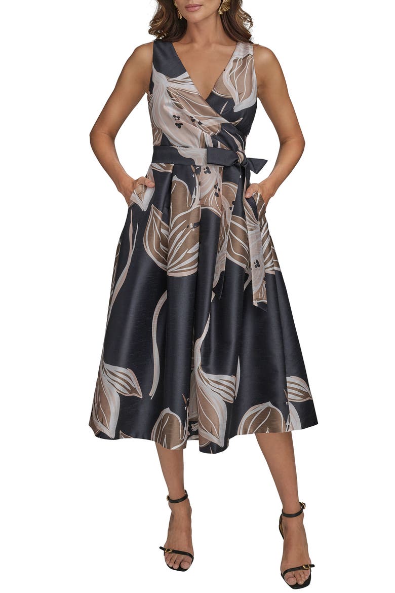Faux Wrap Tie Waist Cocktail Dress, Main, color, BLACK/FAWN MULTI
