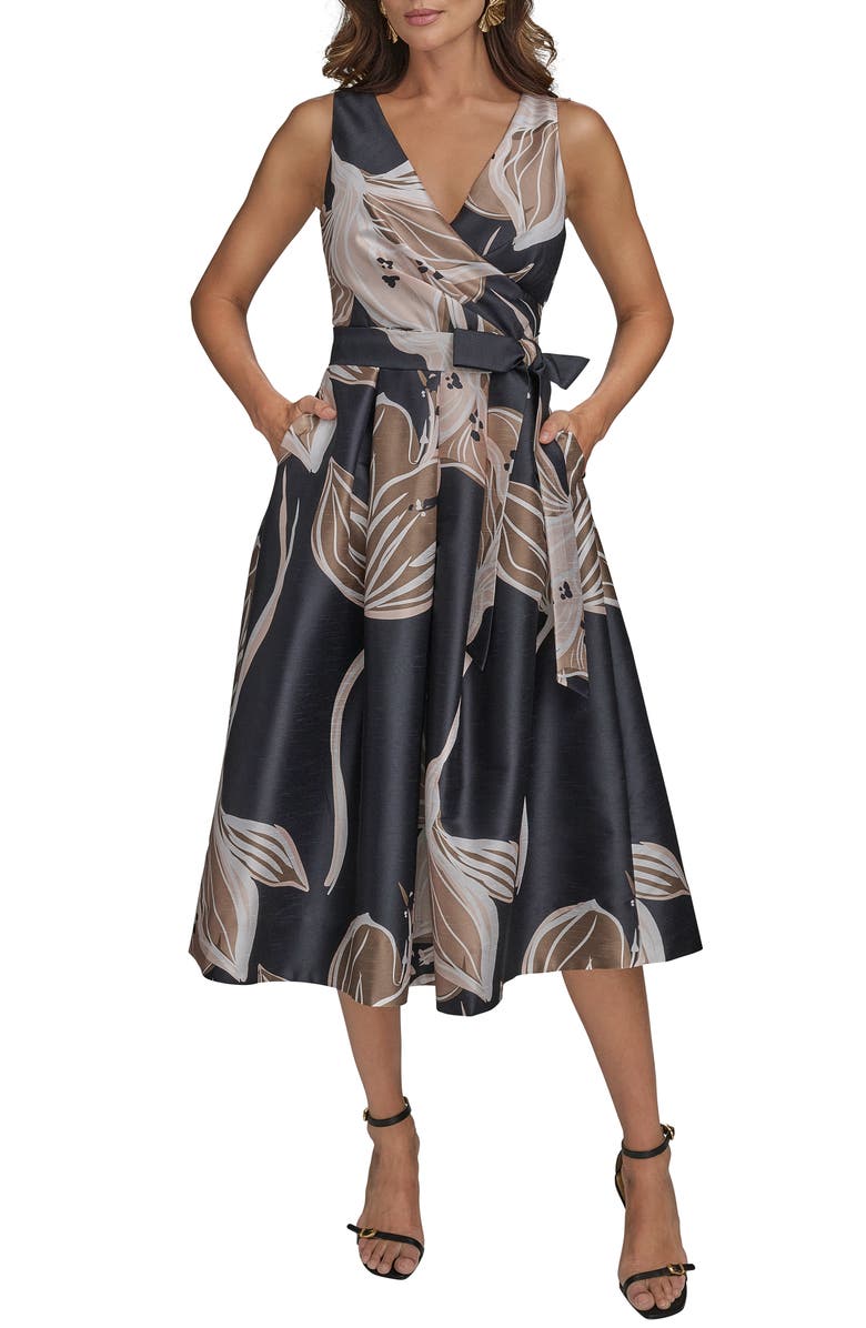 Donna Karan New York Faux Wrap Tie Waist Cocktail Dress, Main, color, Black/Fawn Multi