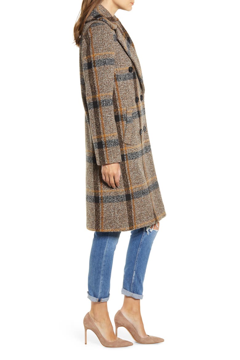 Plaid Double Breasted Coat, Alternate, color, BROWN PLAID