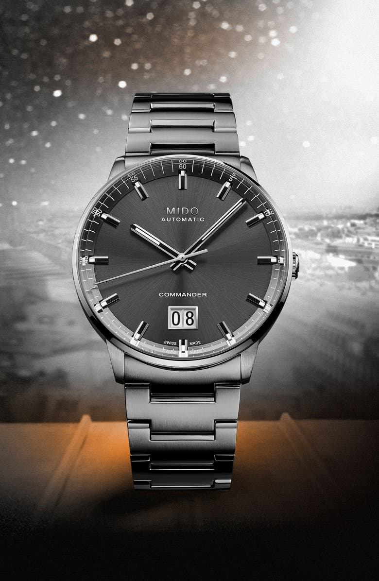 MIDO Commander II Skeleton Bracelet Watch, 42mm, Alternate, color, Silver/ Black/ Silver