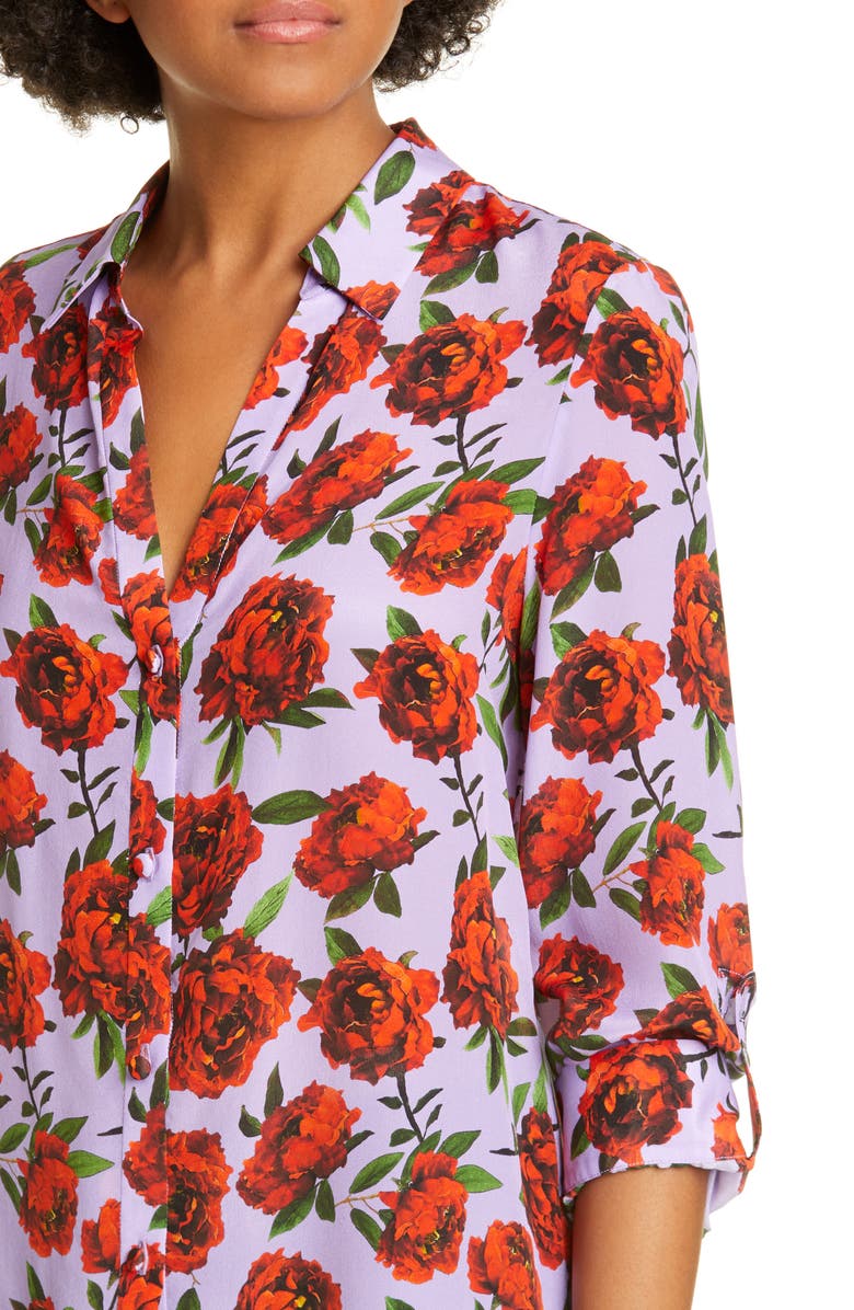 Alice + Olivia Eloise Roll Sleeve Floral Print Silk Blouse, Alternate, color, 