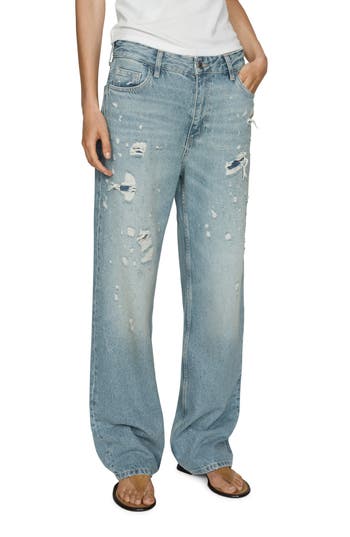 Mango Ripped Straight Leg Jeans In Blue