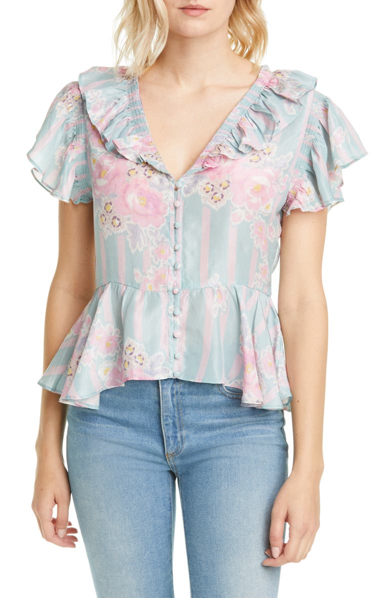 LoveShackFancy Aida Floral Ruffle Silk Blouse, Main, color,