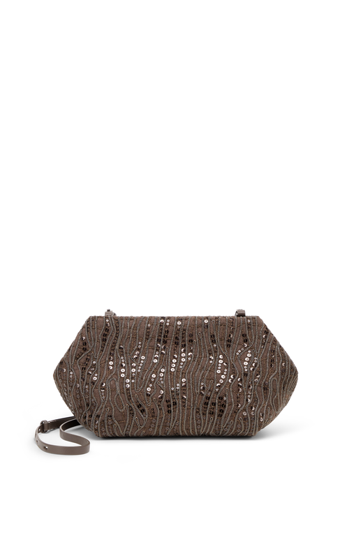 Brunello Cucinelli Cotton-linen Embellished Cross-body Bag In Coffee