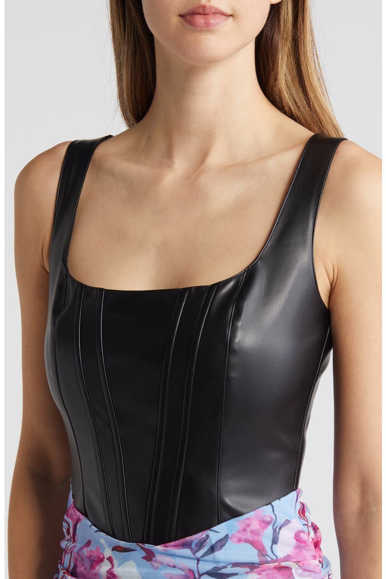 Mixed Media Faux Leather Corset Dress, Alternate, color, BLACK