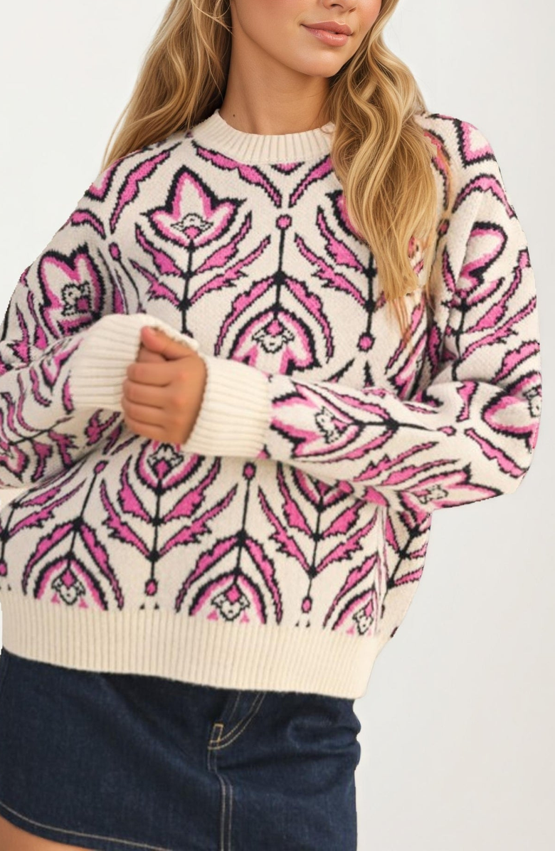 Knit and Lounge Floral Jacquard Crewneck Sweater, Alternate, color, Pink Floral