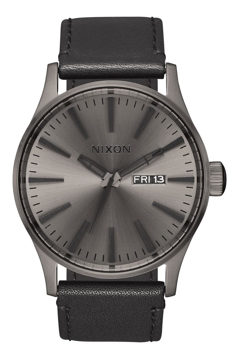 The Sentry Leather Strap Watch, 42mm, Main, color, BLACK/ GUNMETAL