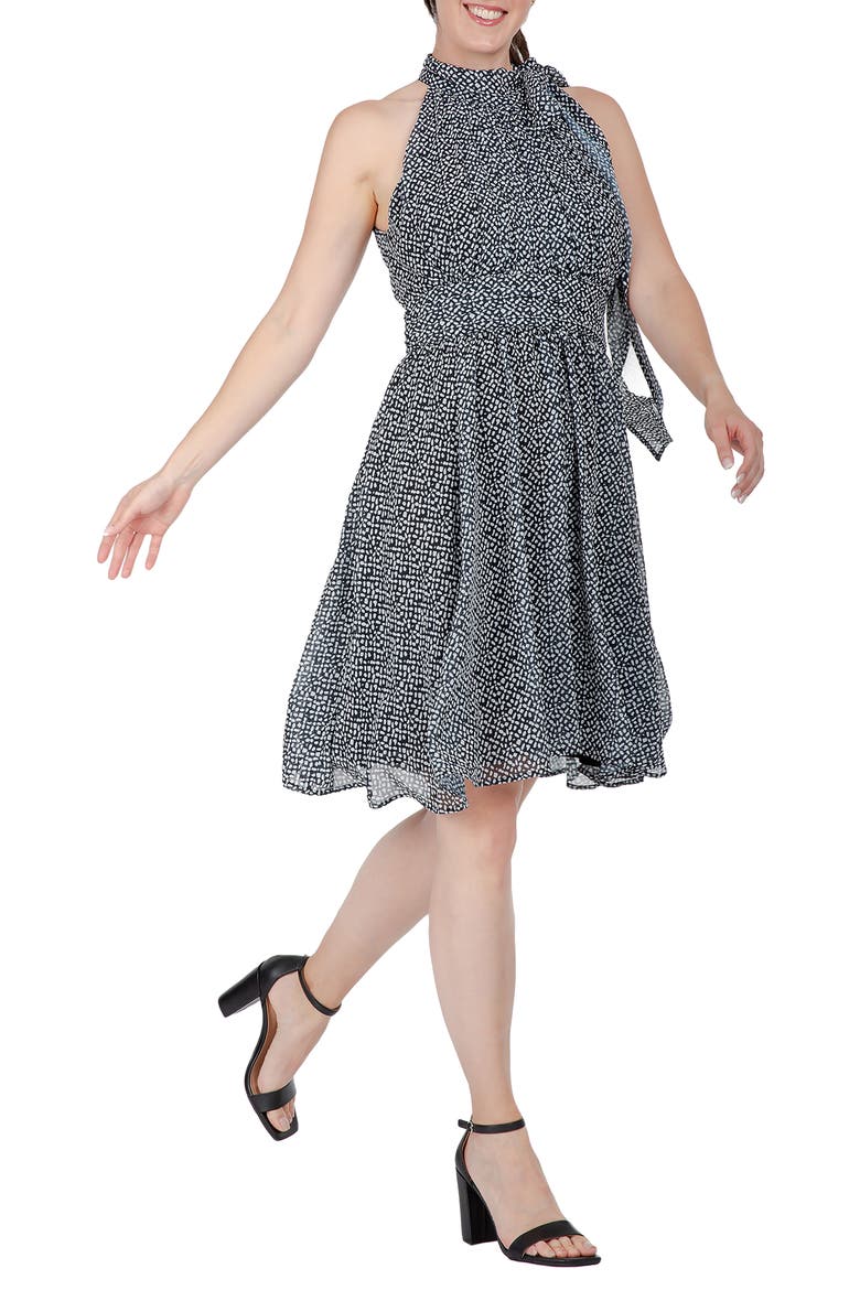 Halter Neck Flounce Dress, Alternate, color, BLACK WHITE