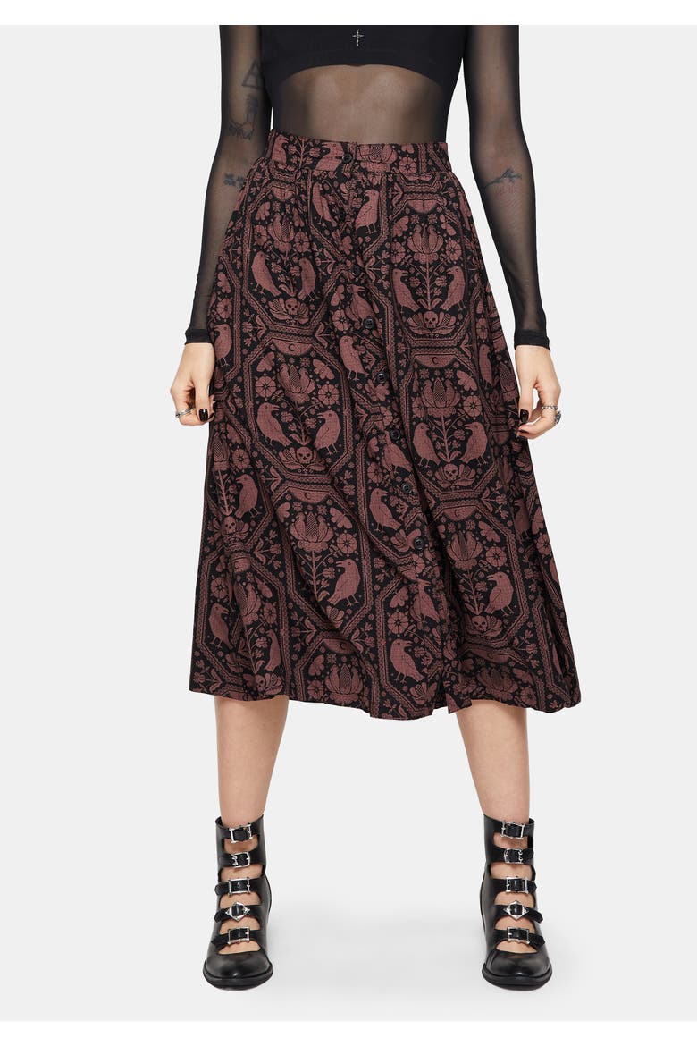 Annabel Raven Print Button Down Skirt, Main, color, Black
