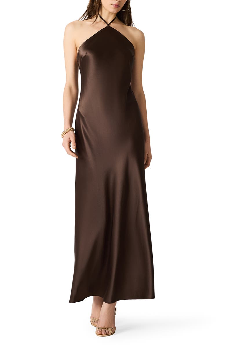 Steve Madden Floral Halter Satin Maxi Dress, Main, color, Chocolate