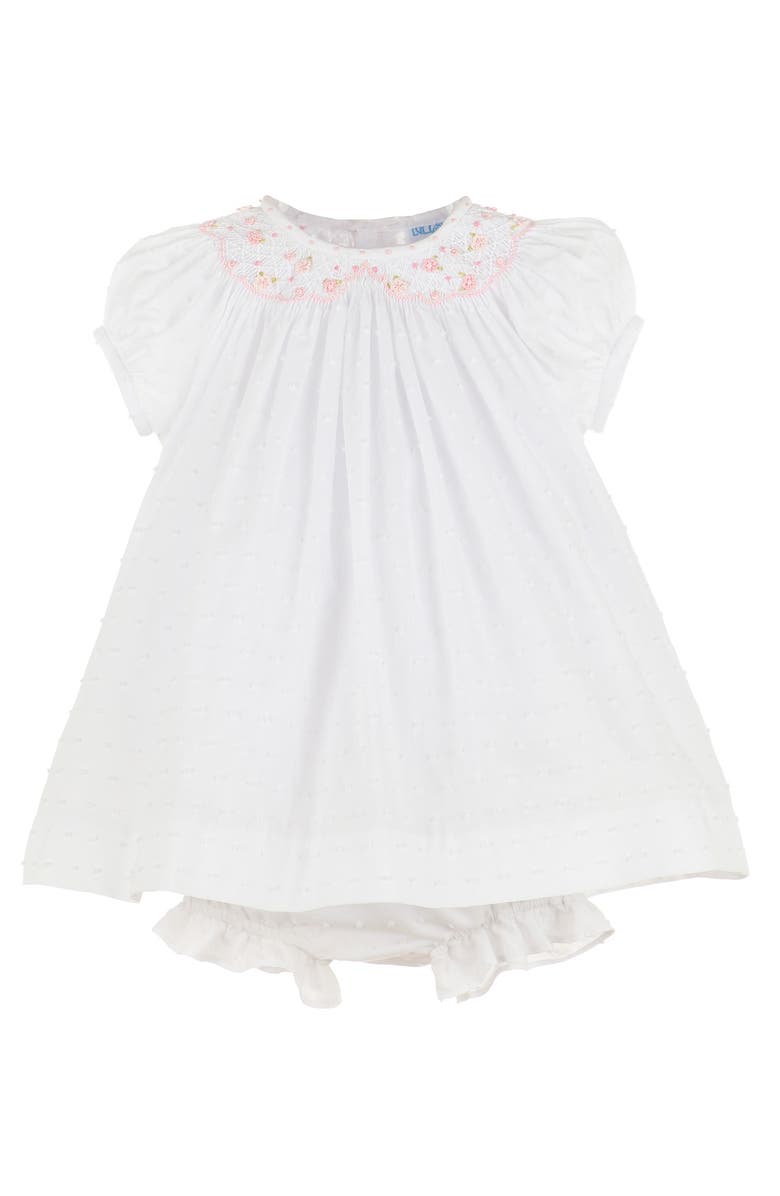 Luli & Me Swiss Dot Cotton Bishop Dress & Bonnet Set, Main, color, White