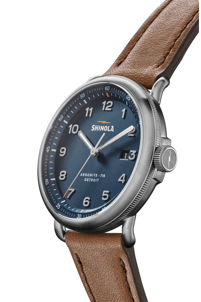 The Canfield Leather Strap Watch, 43mm, Alternate, color, BROWN