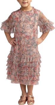 Mac Duggal Girls Floral Printed Short Sleeve Ruffle Dress