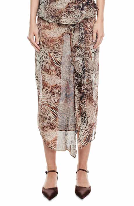 LIONESS Banks Animal Print High-Low Wrap Midi Skirt