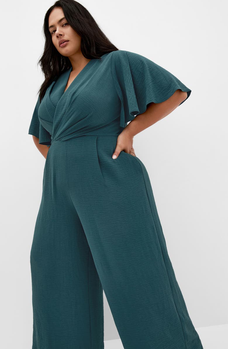 City Chic Braelynn Flutter Sleeve Jumpsuit, Alternate, color, Emerald