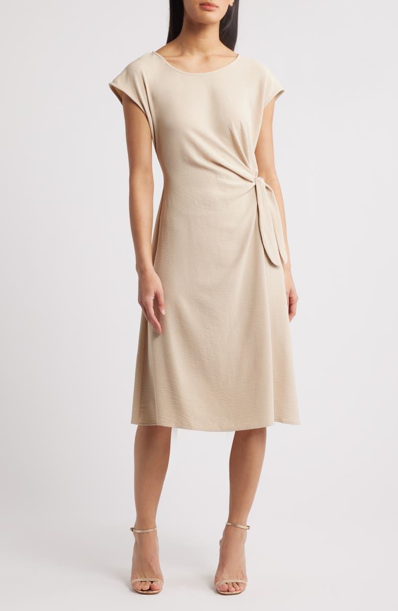 Connected Apparel Twist Wrap Waist Shift Dress, Main, color, Sand