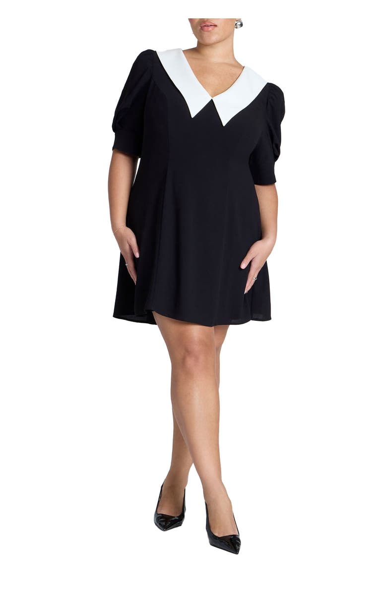 ELOQUII Contrast Collar Mini Dress, Main, color, Black Onyx