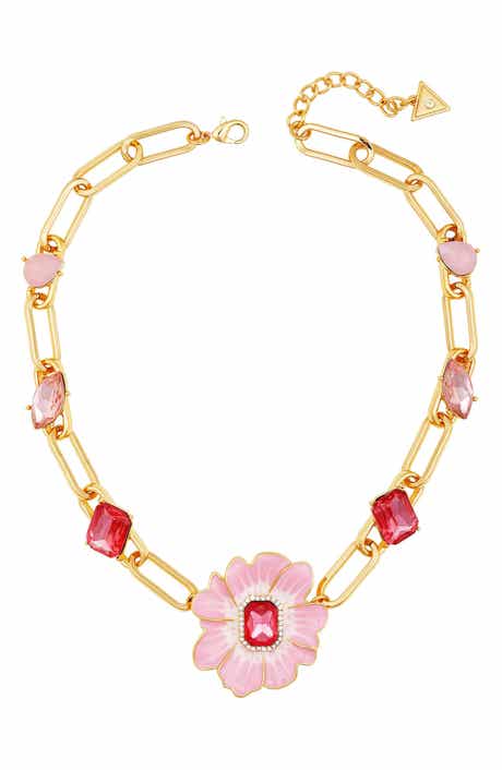 GUESS Crystal & Enamel Flower Chain Necklace