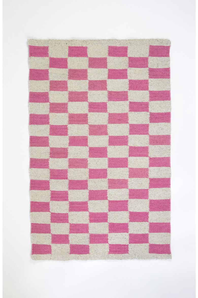 Zapotec Checkered Pink Handwoven Flatweave Wool Rug, Main, color, Pink