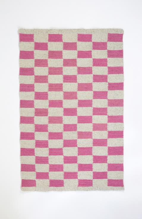 Zapotec Checkered Pink Handwoven Flatweave Wool Rug
