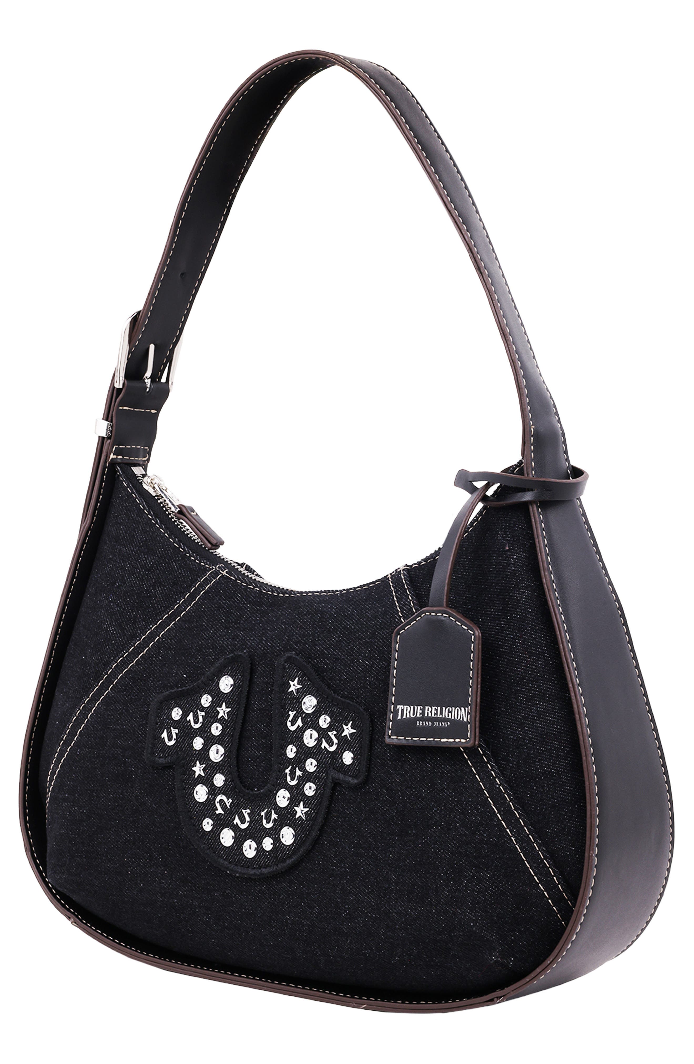 True Religion Studded Logo Denim Shoulder Bag, Alternate, color, Black
