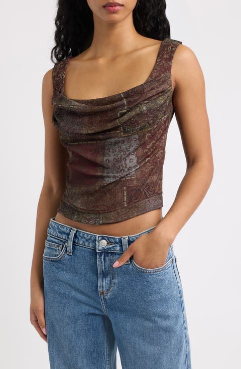 Joan Checkered Cowl Neck Corset Tank