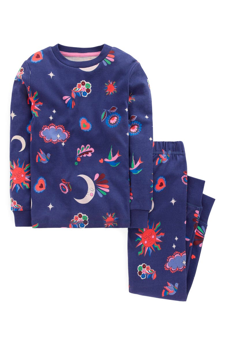 Mini Boden Kids' Celestial Print Glow in the Dark Fitted Two-Piece Cotton Pajamas, Main, color, Starboard Blue Celestial