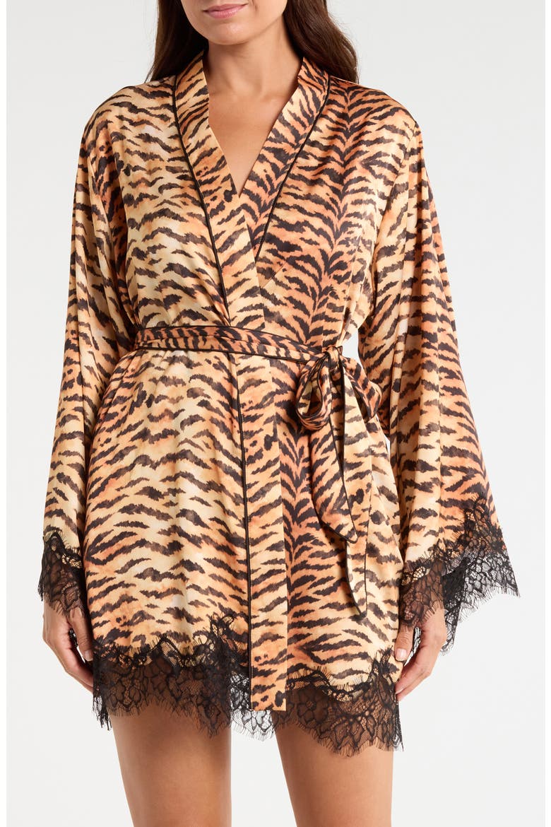 Tiger Print Lace Trim Short Robe, Main, color, TAN TIGER