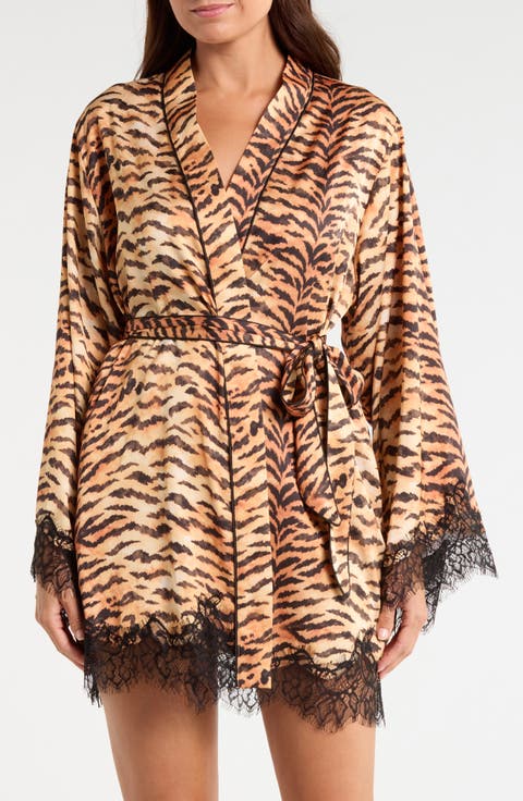 Tiger Print Lace Trim Short Robe