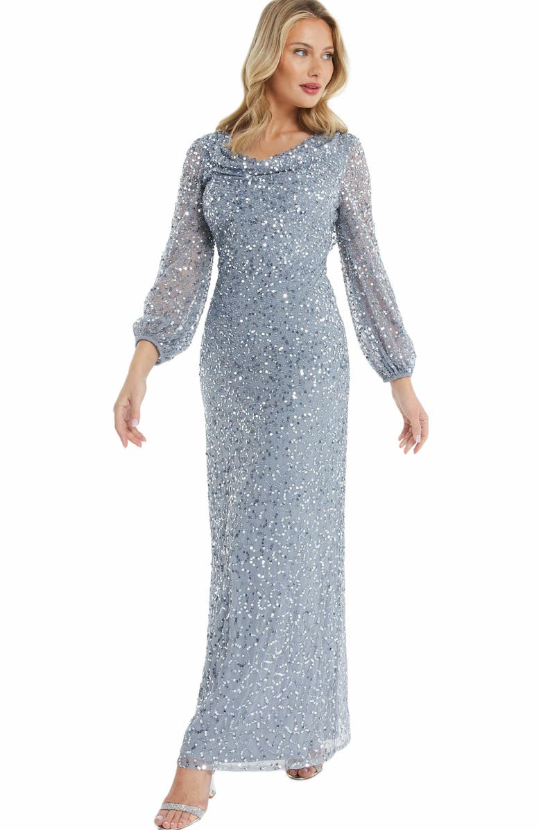 QUIZ Sequin cowl Front Maxi Dress, Main, color, Grey