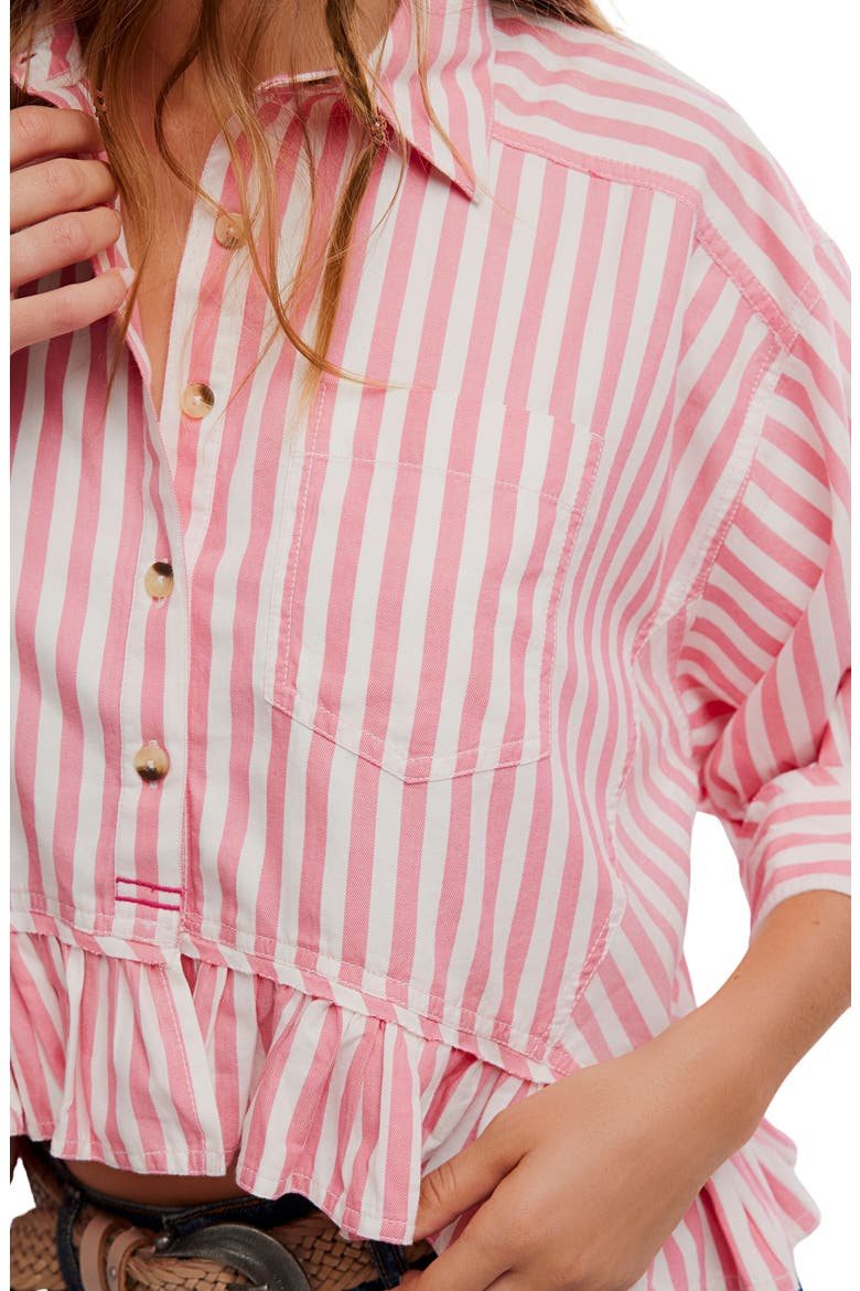 Bailey Stripe Ruffle Hem Cotton Button-Up Shirt, Alternate, color, CORAL COMBO