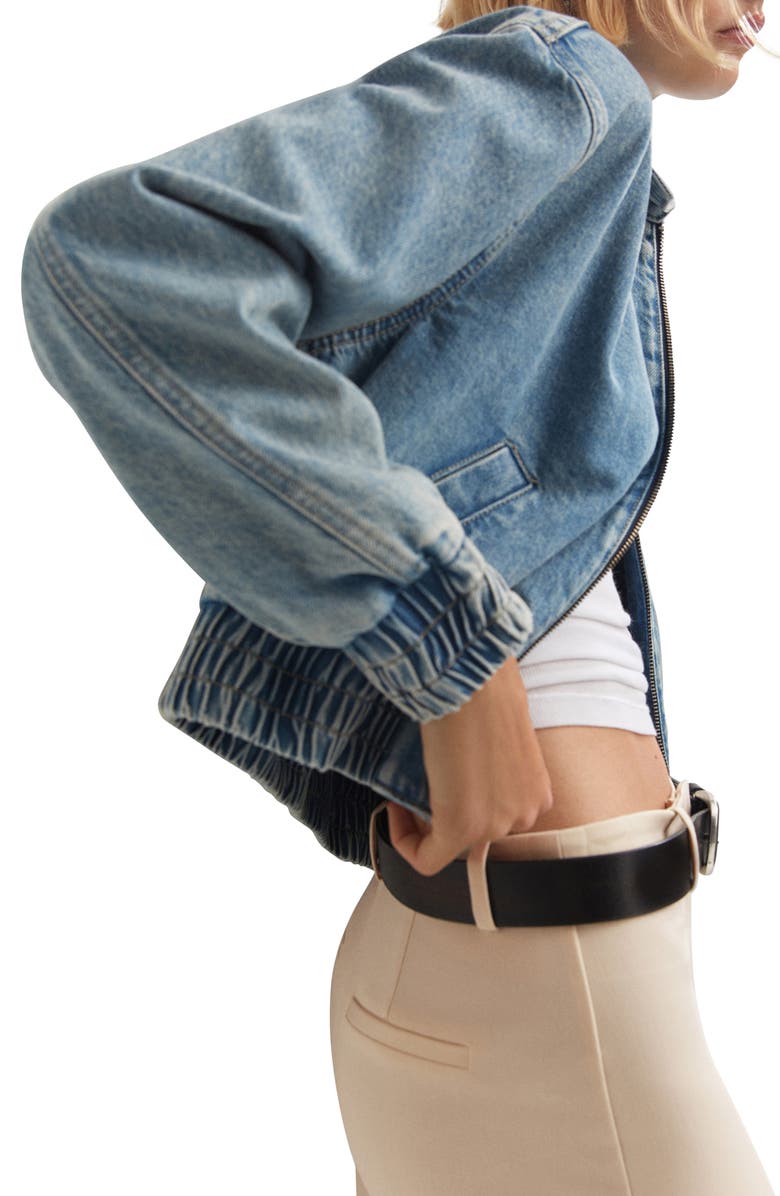 MANGO Crop Denim Bomber Jacket, Alternate, color,