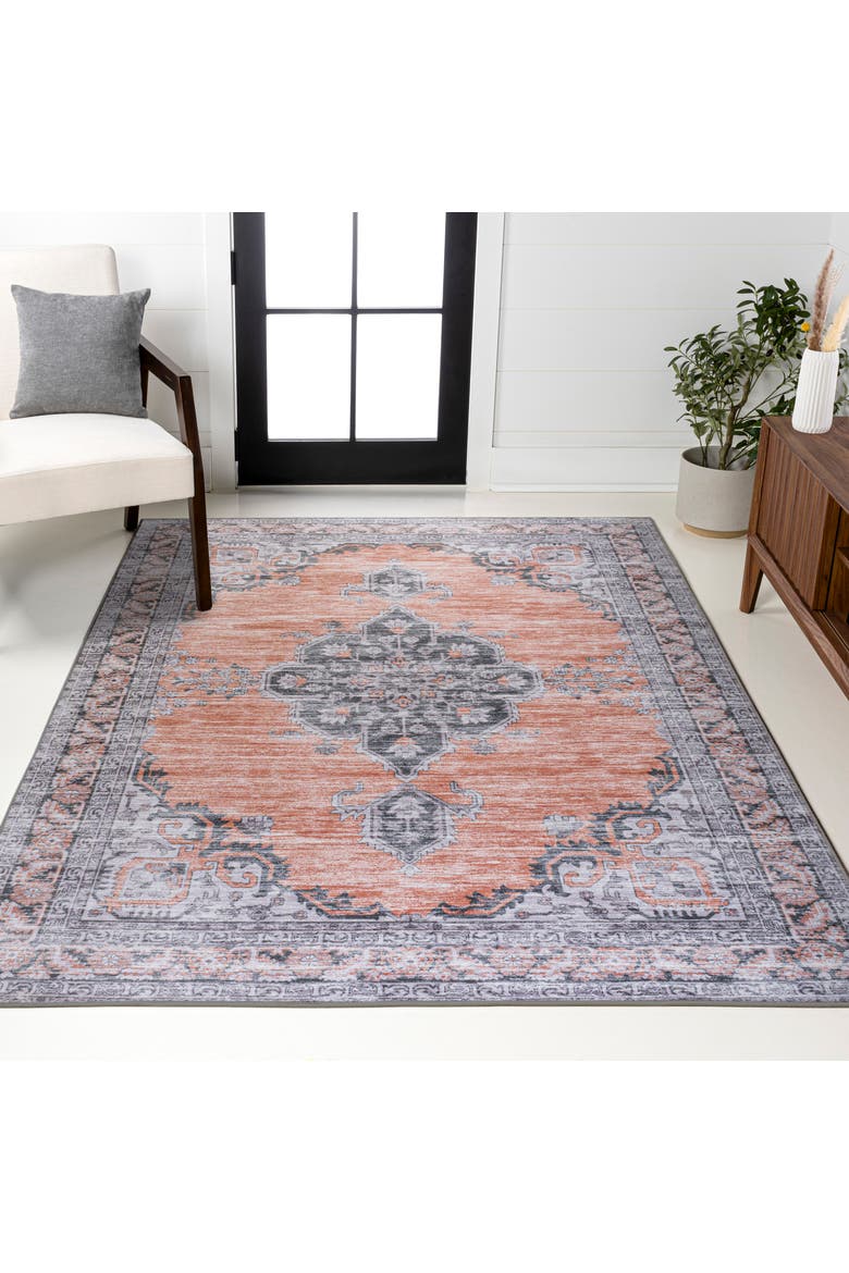 Wincer Chenille Cottage Medallion Machine-Washable Area Rug, Alternate, color, Orange/Gray