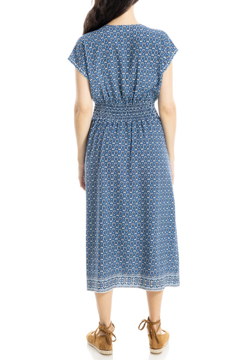Surplice Neck Pleated Midi Dress, Alternate, color, CREAM/ BLUE DAISY BARS