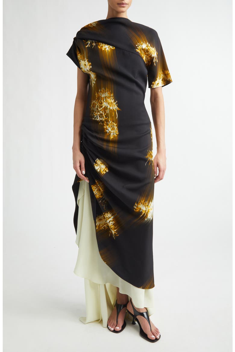 Antonella Asymmetric Floral Print Stretch Cady Dress, Main, color, BLACK MULTI