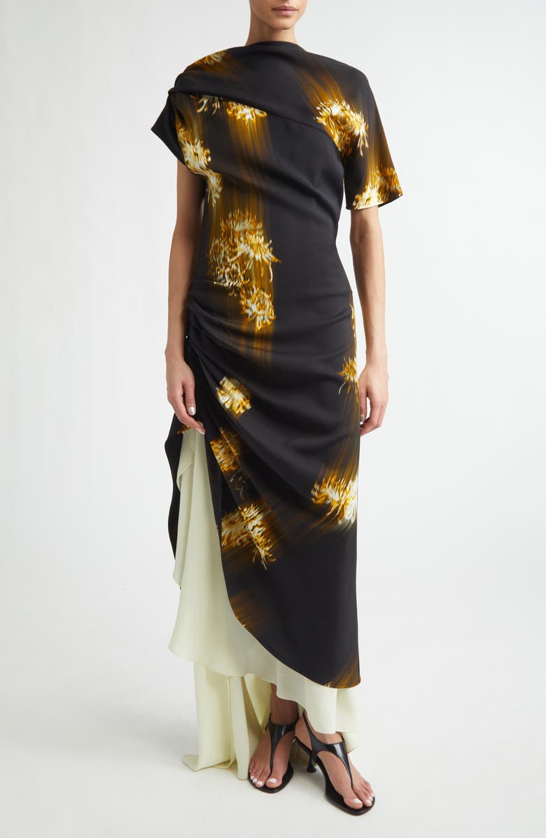 Proenza Schouler Antonella Asymmetric Floral Print Stretch Cady Dress, Main, color, Black Multi