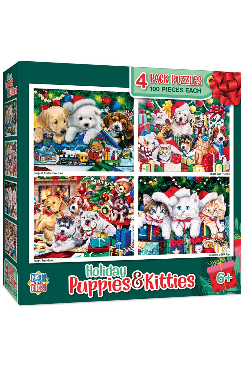 Holiday Pups & Cats 100pc Puzzles 4-Pack, Main, color, Multicolor
