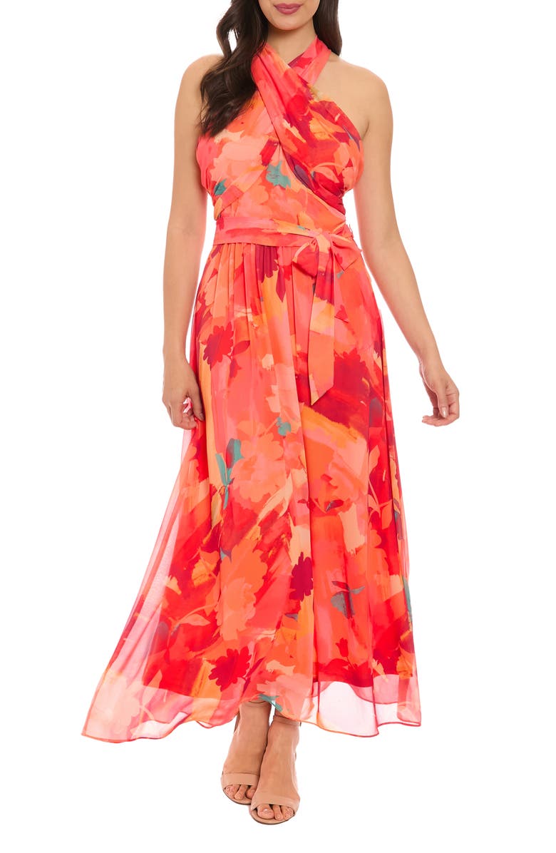 London Times Crossover Halter Neck Chiffon Maxi Dress, Main, color, Orange/ Red