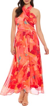 London Times Crossover Halter Neck Chiffon Maxi Dress