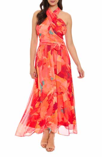 London Times Crossover Halter Neck Chiffon Maxi Dress