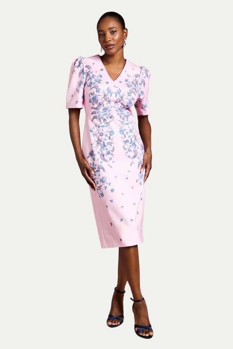 Puff Sleeve Floral Cotton Pencil Dress