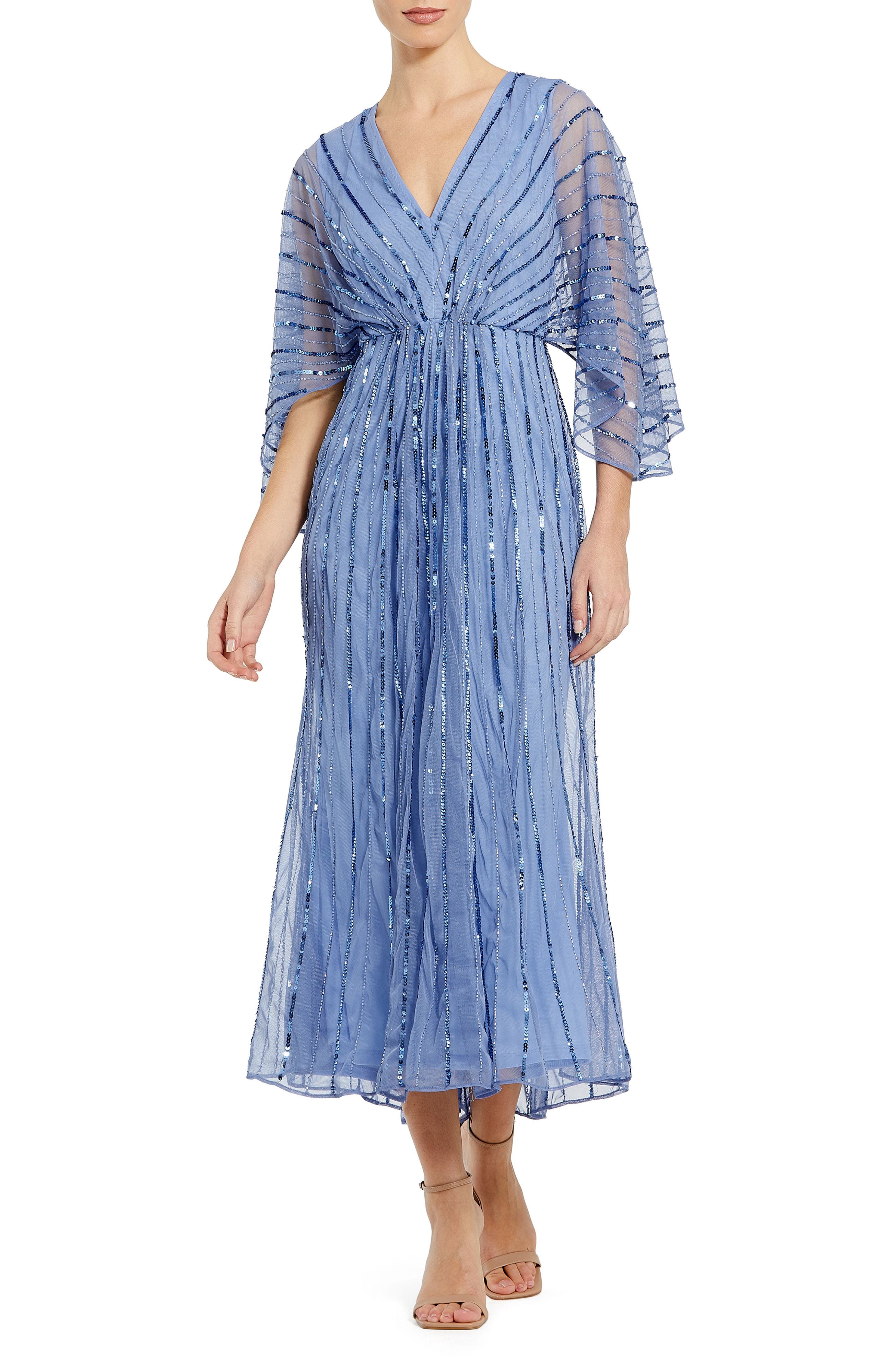 Sequin Beaded Stripe Cape Sleeve V-Neck Gown