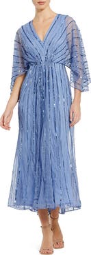 Mac Duggal Sequin Beaded Stripe Cape Sleeve V-Neck Gown