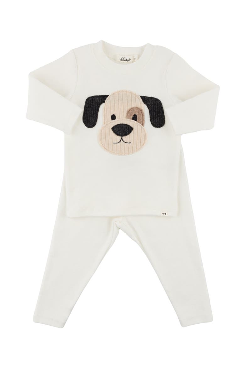 Puppy Face Applique Long Sleeve Two Piece Set, Main, color, Cream