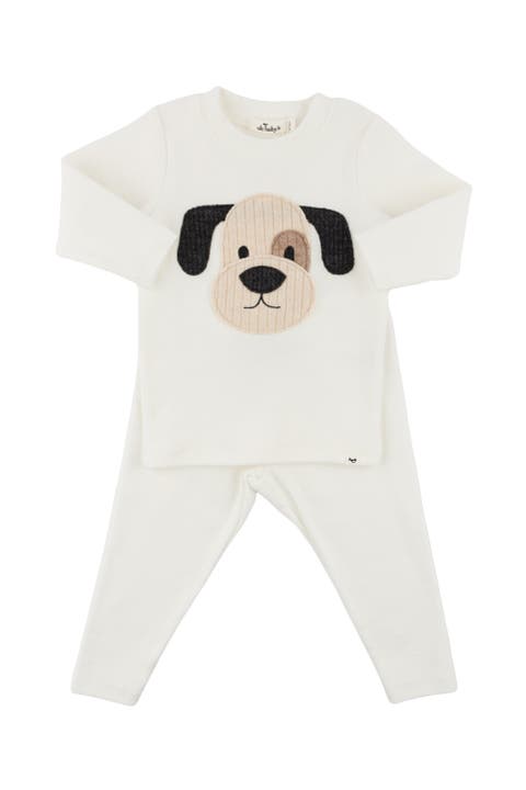 Puppy Face Applique Long Sleeve Two Piece Set