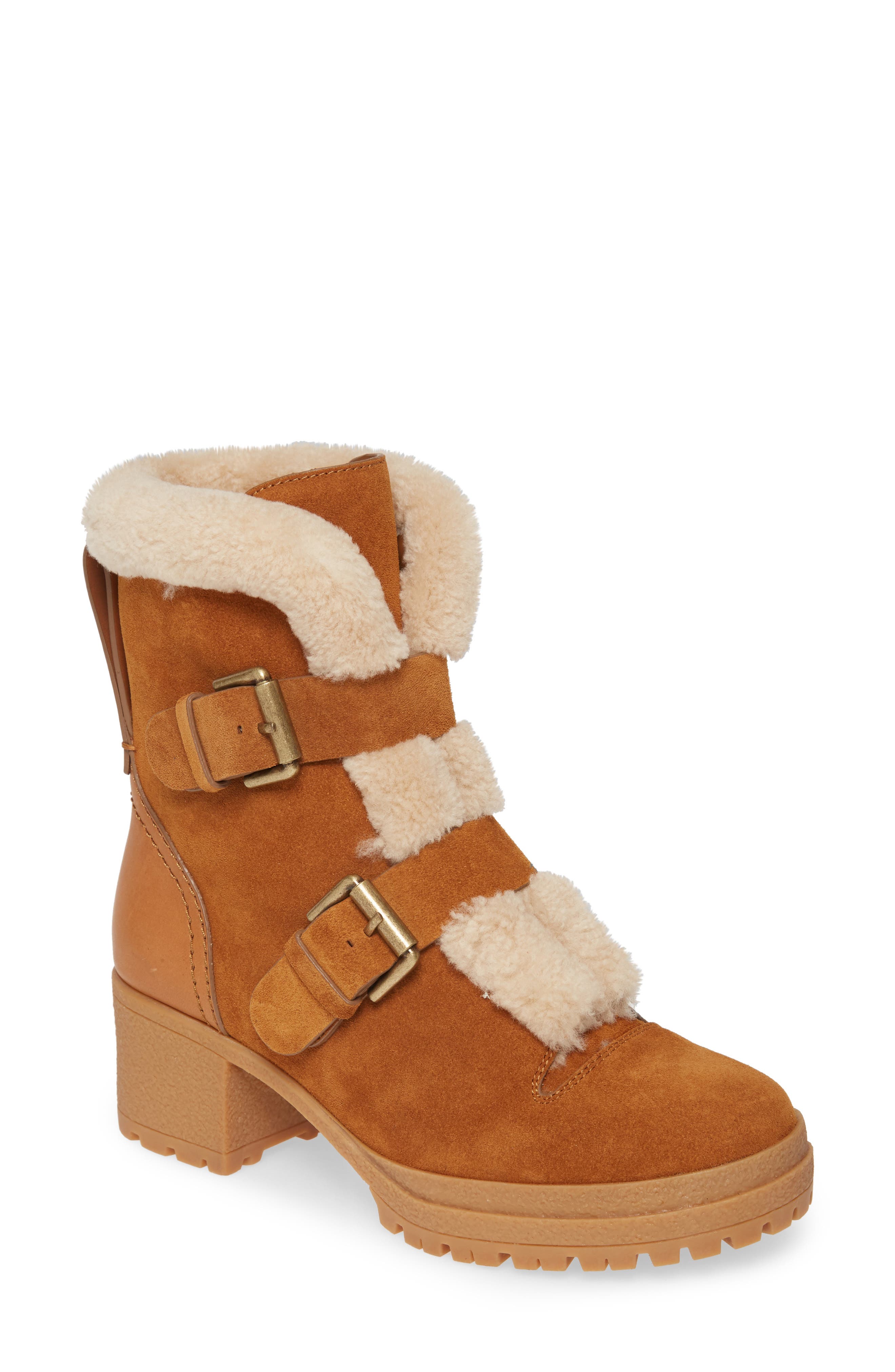 See by Chloé Brandie Genuine Shearling Buckle Bootie, Main, color, 